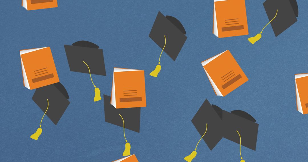 Graduation Caps and Notebooks on Blue Background Illustrate Learning
