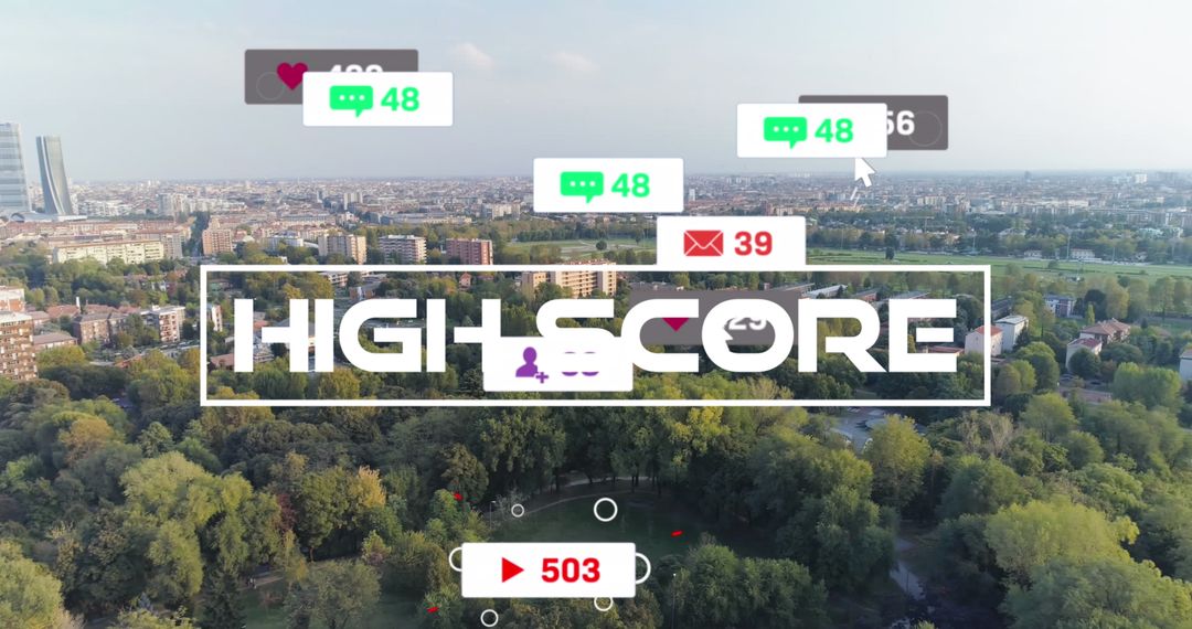 Cityscape with Social Media Icons Representing Digital Connectivity