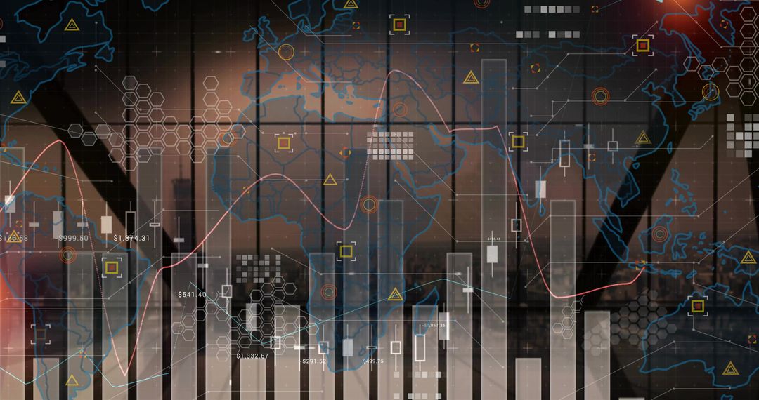 Data Analytics Visualization with Financial Charts and World Map Overlay