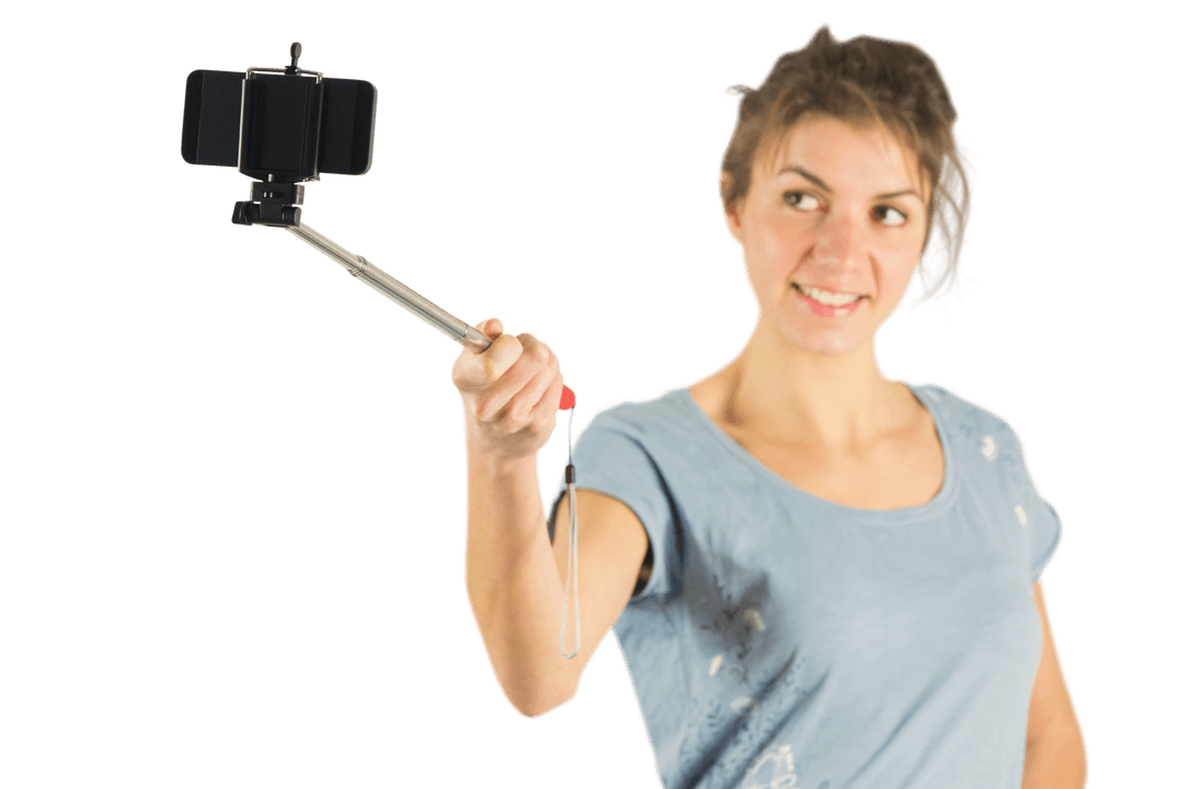 Smiling Woman Taking Selfie with Transparent Background