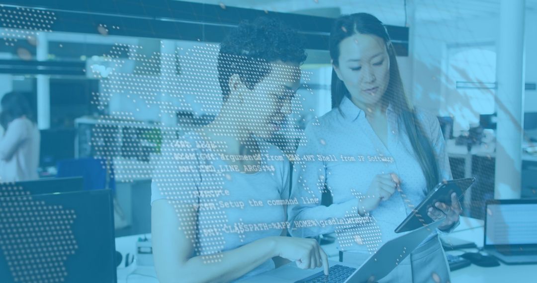 Professionals Analyzing Data with Futuristic Interface Overlay