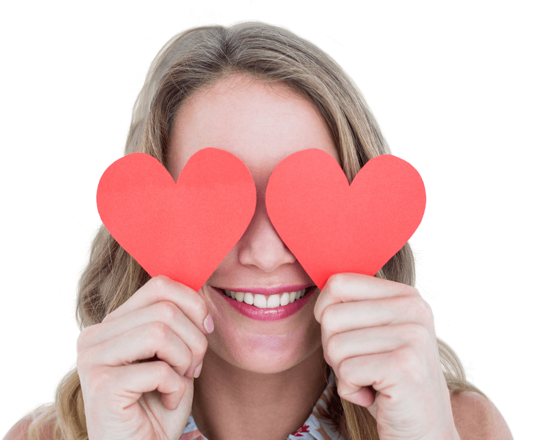 Smiling Woman Holding Red Heart Cutouts with Transparent Background