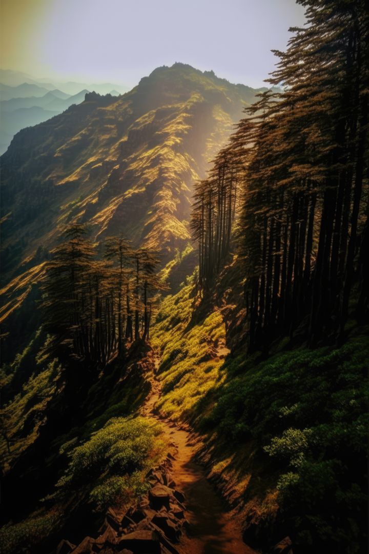 Beautiful Mountain Trail with Sunlight Filtering Through Trees - Free Images, Stock Photos and Pictures on Pikwizard.com