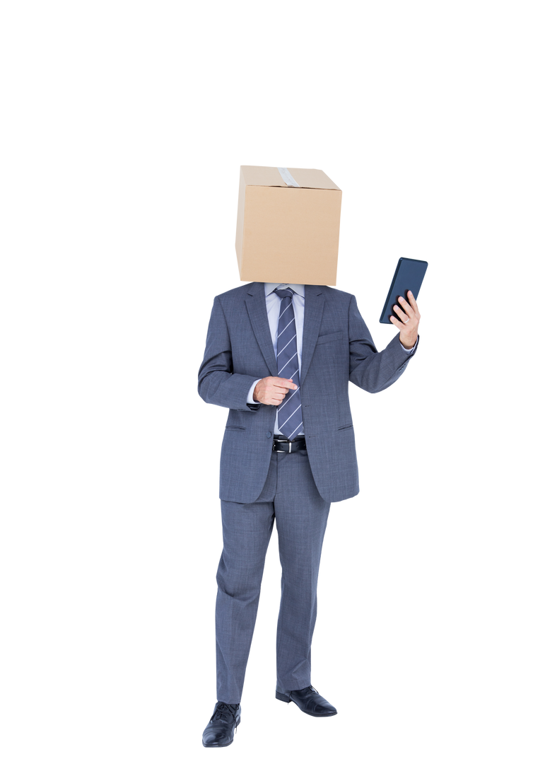 Businessman with Cardboard Box on Head Holding Smartphone Transparent Background - Download Free Stock Images Pikwizard.com