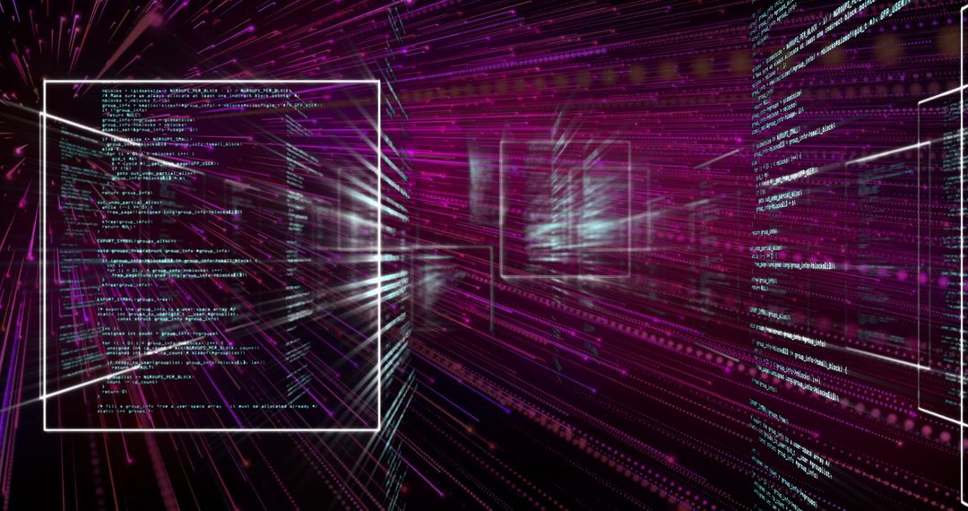 Futuristic Floating Digital Code Frames in Data Tunnel