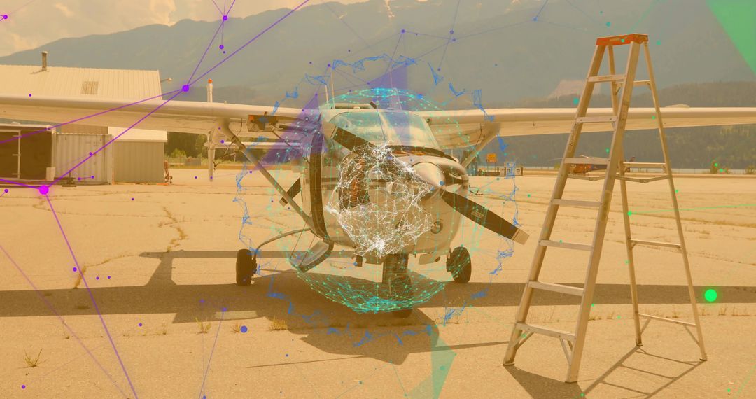 Single-Engine Prop Plane on Airstrip with Digital Network Overlay
