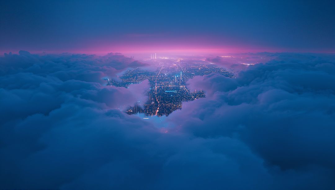 Dazzling Cityscape Through Clouds at Dusk with Illuminated Skyline
