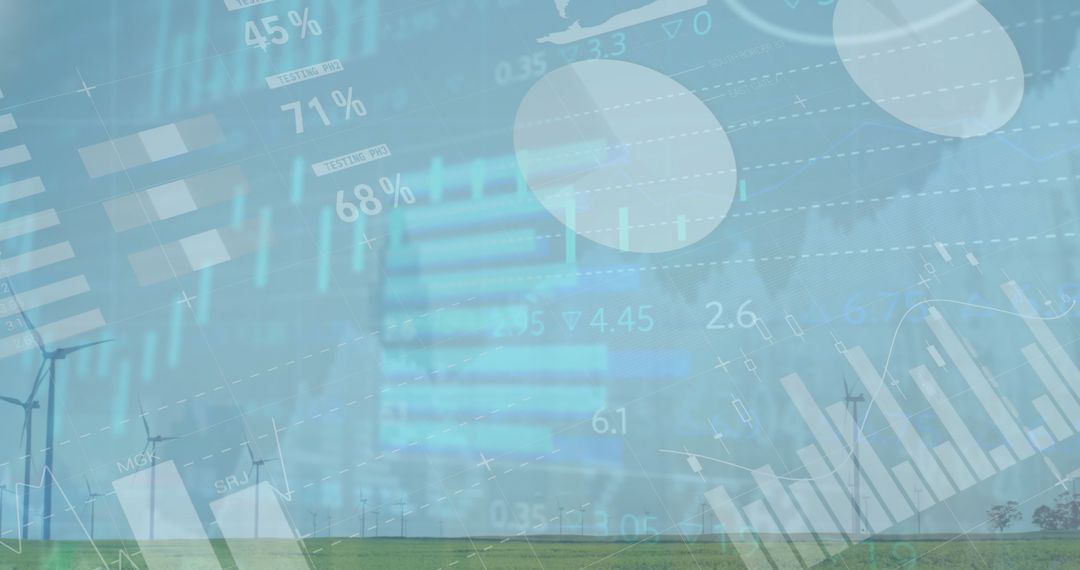 Financial Data Overlay on Wind Turbines Illustrating Energy Business Insights