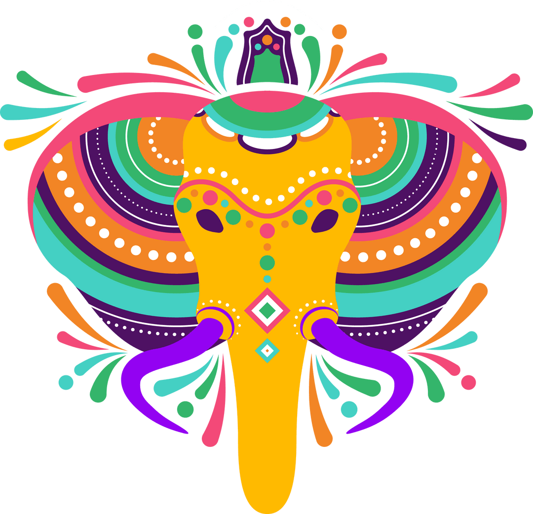 Vibrant Stylized Elephant Head With Splash Elements on Transparent Background