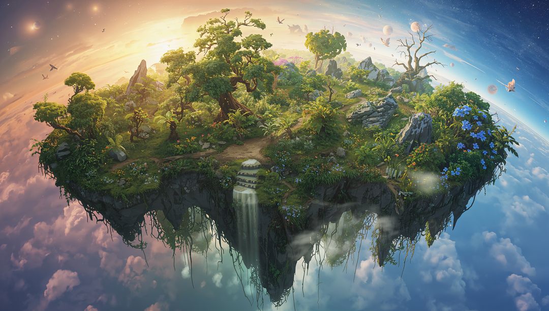 Hovering Verdant Floating Island Drifting Above Clouds With Waterfall and Lush Forest