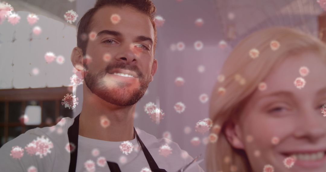 Pandemic Concept with Smiling Couple and Virus Particles