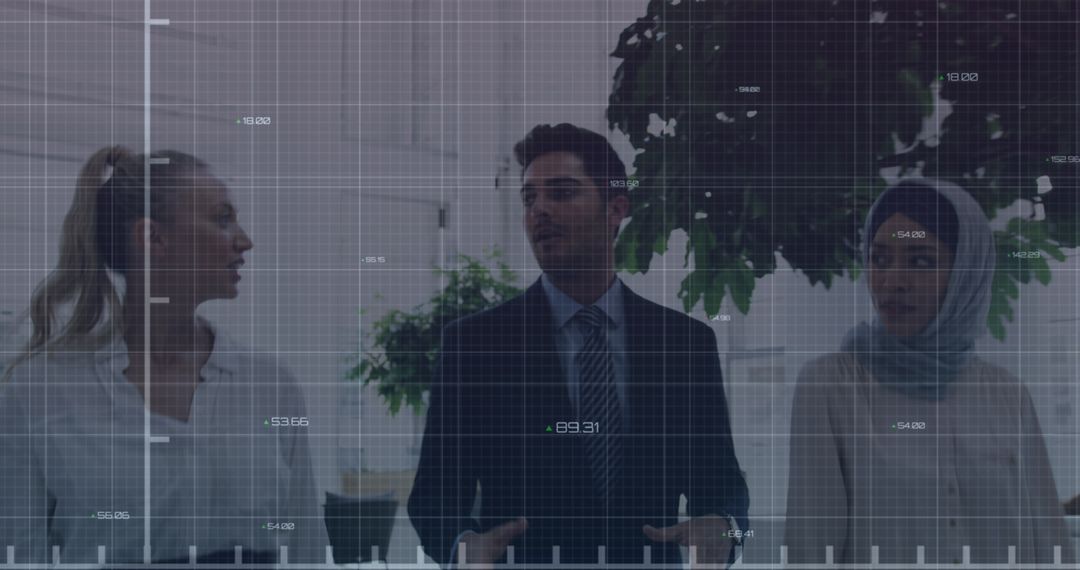 Business Team Engaging in Data Analysis with Futuristic Overlay