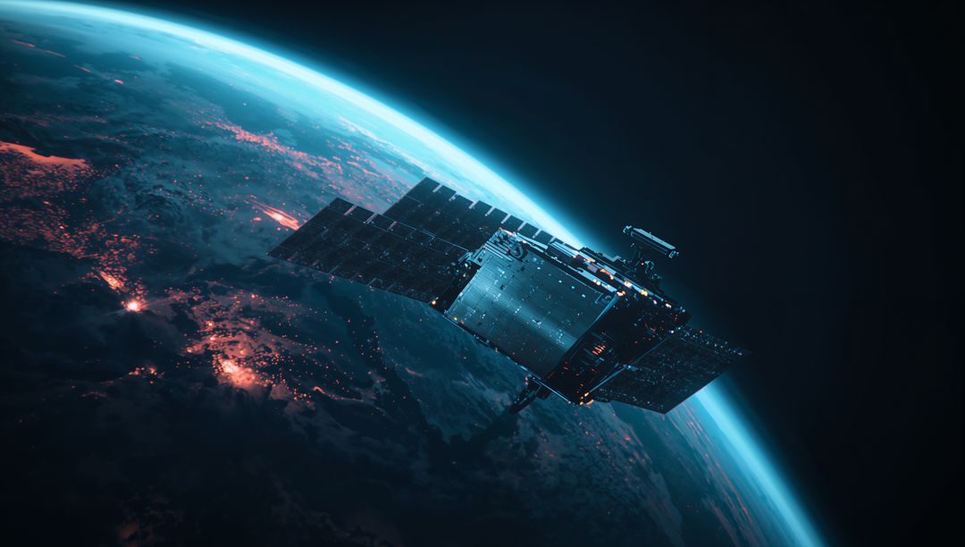 Satellite Orbiting Earth with Solar Panels Capturing Cosmic Glow