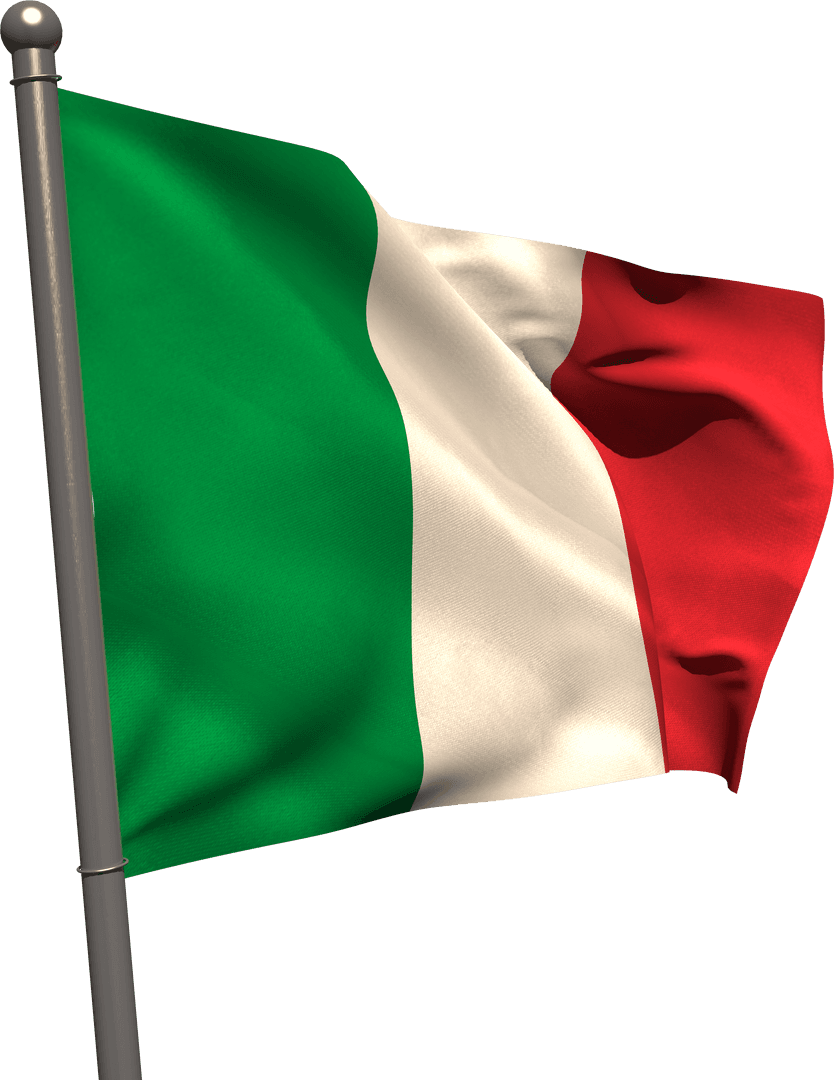 Italian Flag Waving on Metal Pole with Transparent Background
