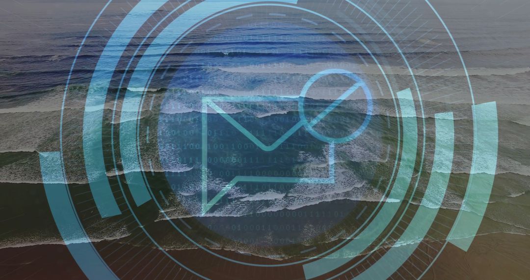 Futuristic Envelop Icon with Ocean Waves and Digital UI