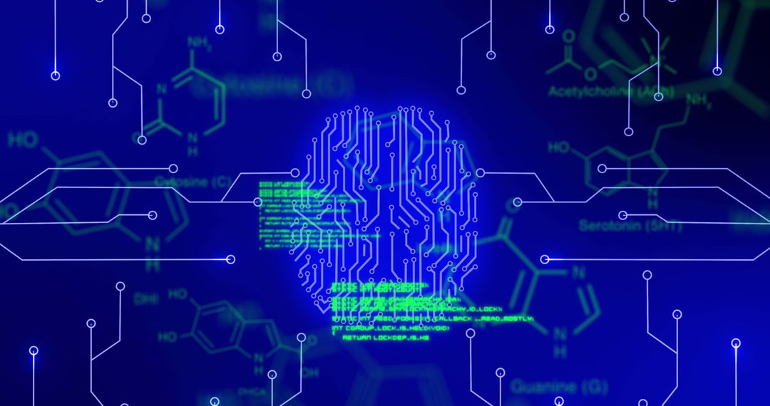 Futuristic AI Brain Interface with Digital Data Lines and Molecular Structures