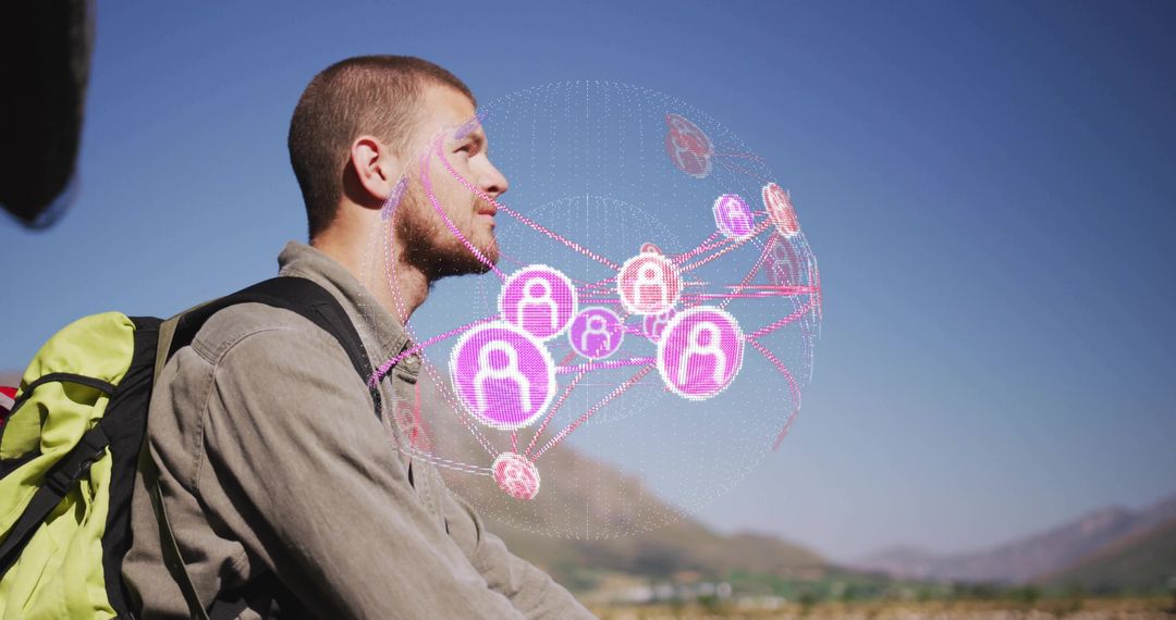 Hiker Experiencing Nature with Digital Connectivity Technology Overlay