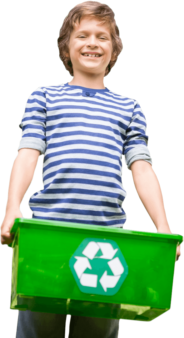 Smiling Boy Holding Transparent Recycling Bin Encouraging Eco-Friendly Habits
