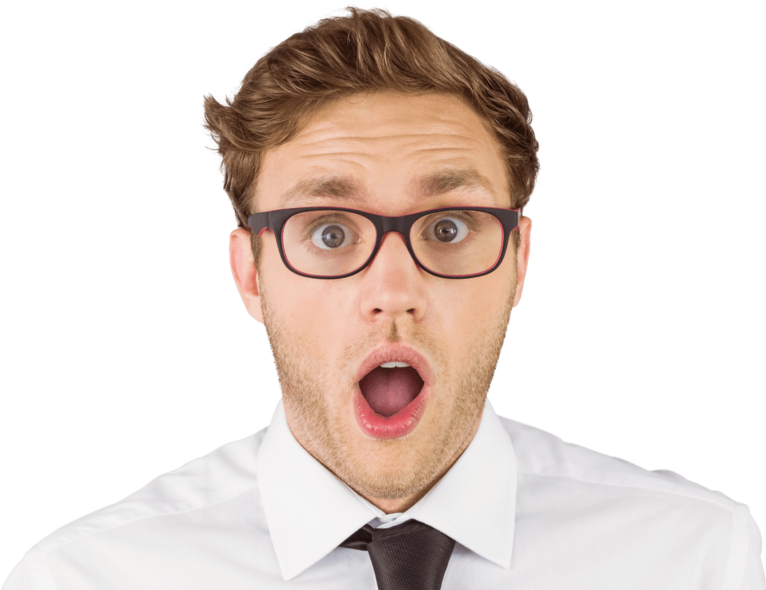 Surprised Businessman with Geeky Glasses on Transparent Background