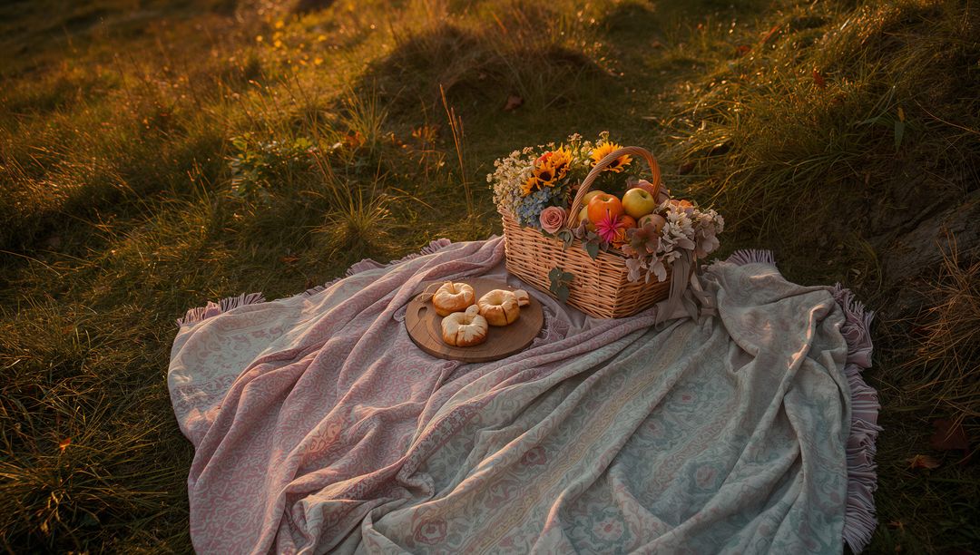 Rustic Picnic Setting with Blanket and Basket on Sunlit Meadow