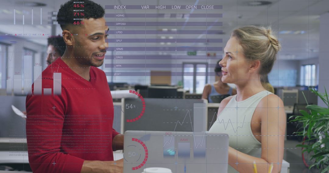 Diverse Team Discussing Infographic Interface in Modern Office