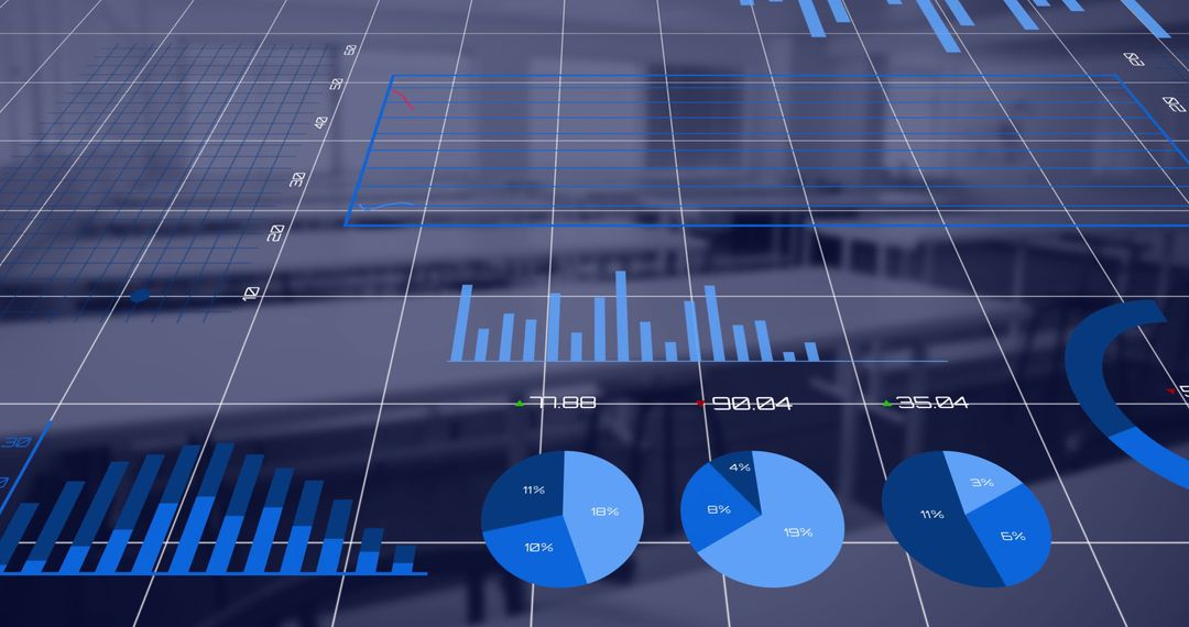 Abstract Financial Data Visualization Overlaying Office Space