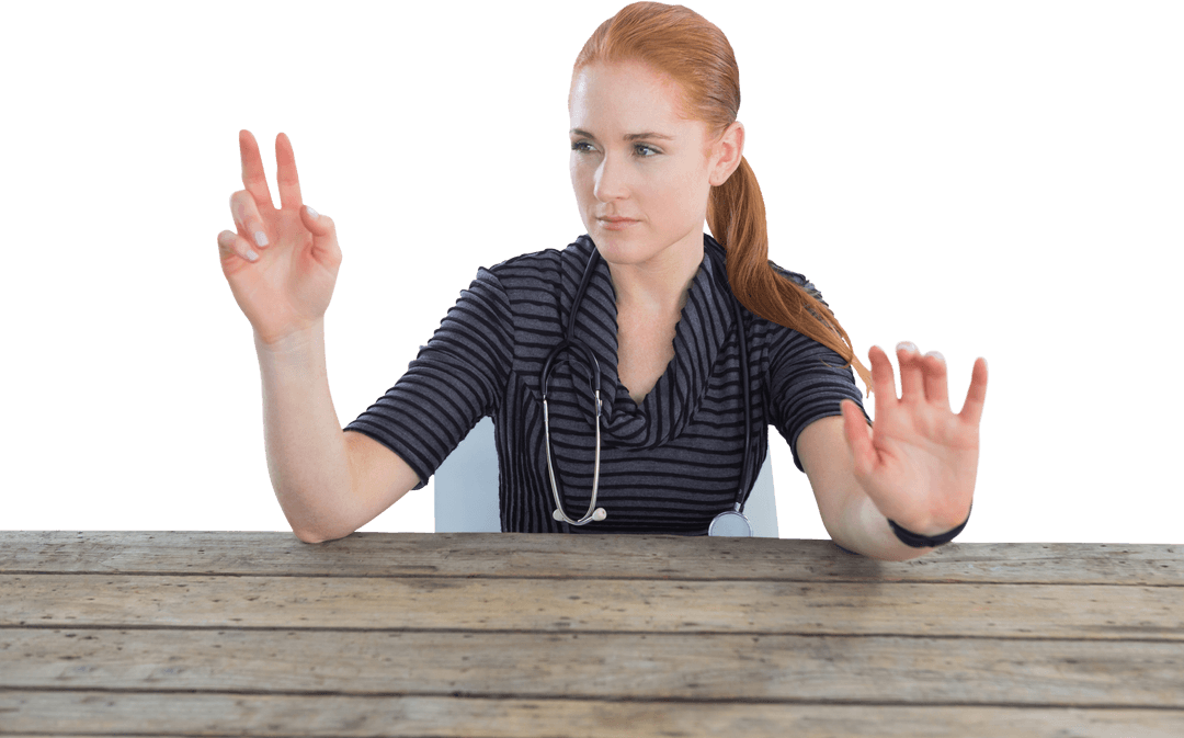 Female Doctor Interacting with Transparent Interface Over Table