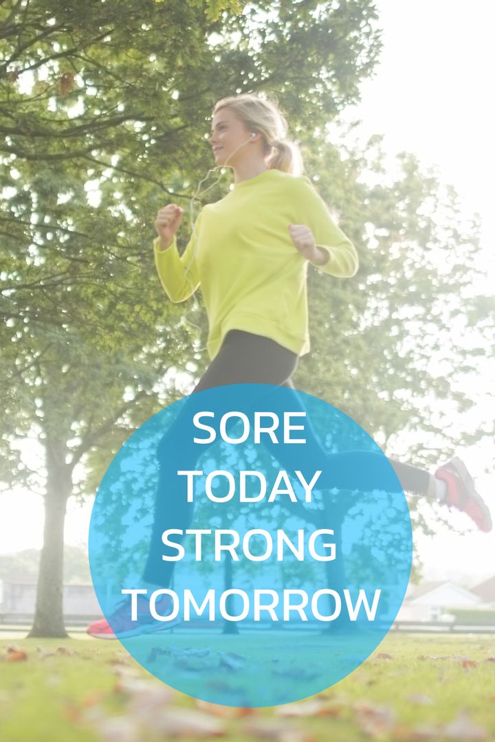Woman Jogging in Park with Motivational Quote Overlay