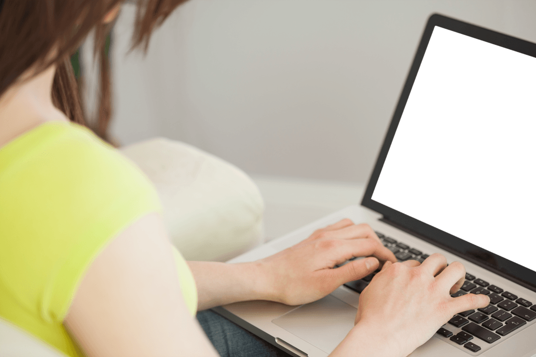 Caucasian Woman Using Laptop with Blank Screen Transparent Background