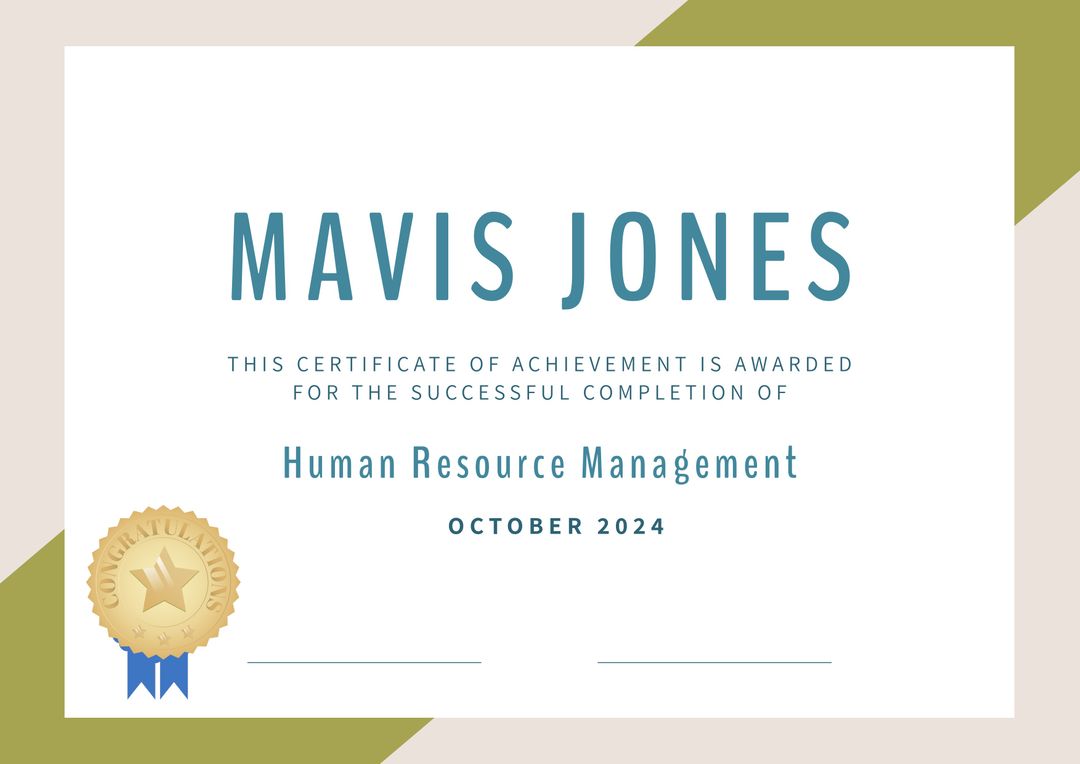 Certificate of Achievement in Human Resource Management with Gold Seal - Download Free Stock Templates Pikwizard.com