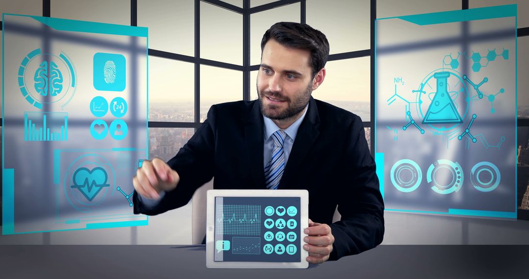 Businessman Engaging with Futuristic Medical Interface in High-Tech Office