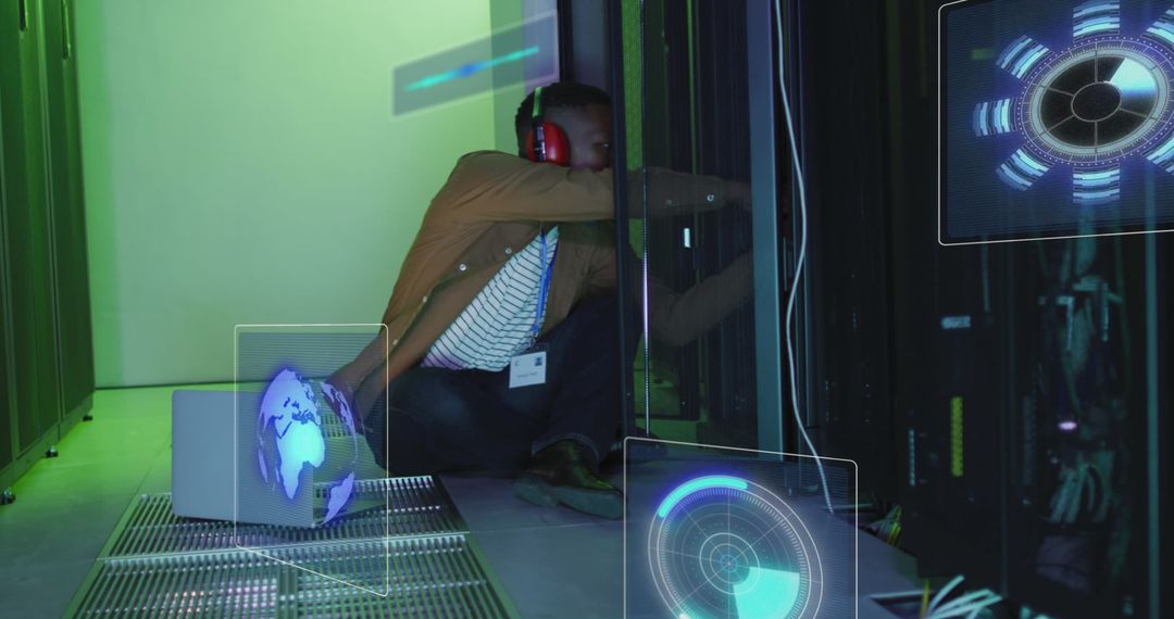 Technician Managing Servers with Digital Overlays