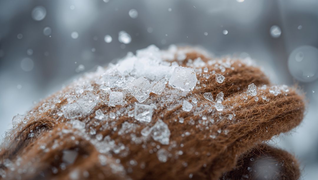 Macro of ice crystals resting on brown wool mitten with frosty knit texture, snowfall