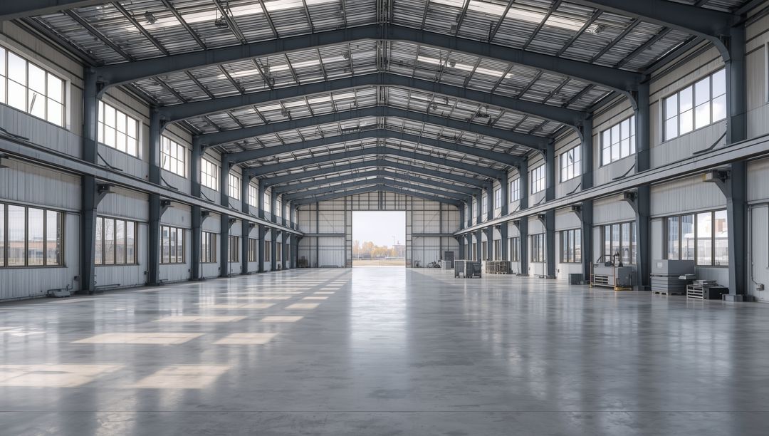 Spacious Industrial Warehouse Interior with Polished Concrete Floor