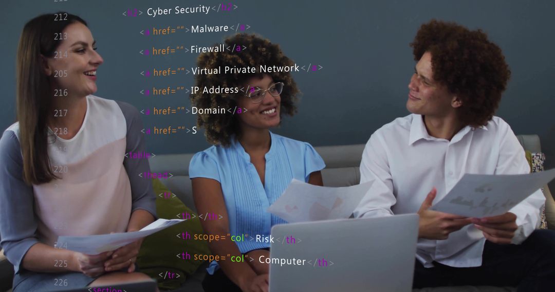 Diverse Team Discussing Cybersecurity Strategies and Navigating HTML Code