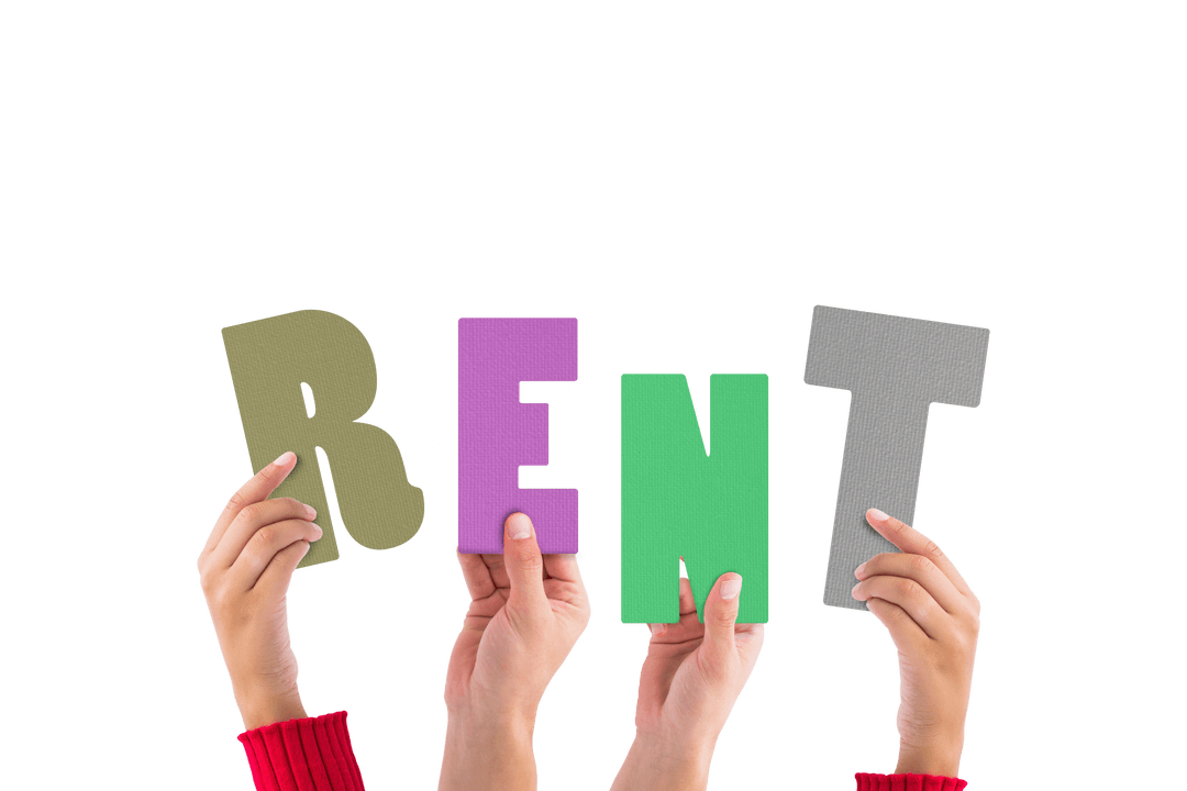 Hands Holding Colorful Rent Letters on Transparent Background
