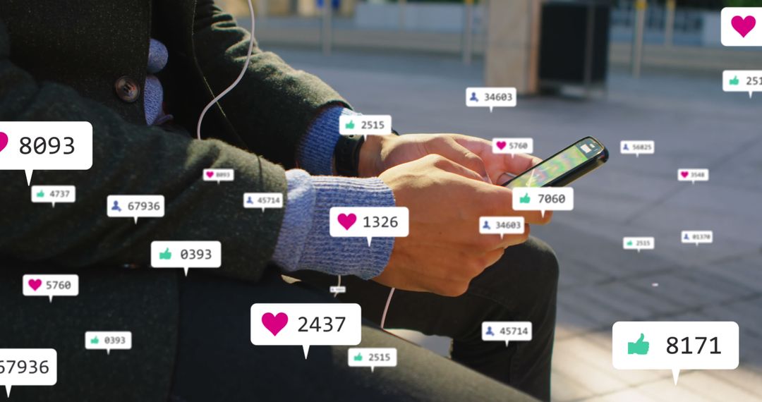 Man Engaging on Social Media with Likes and Comments Overlay