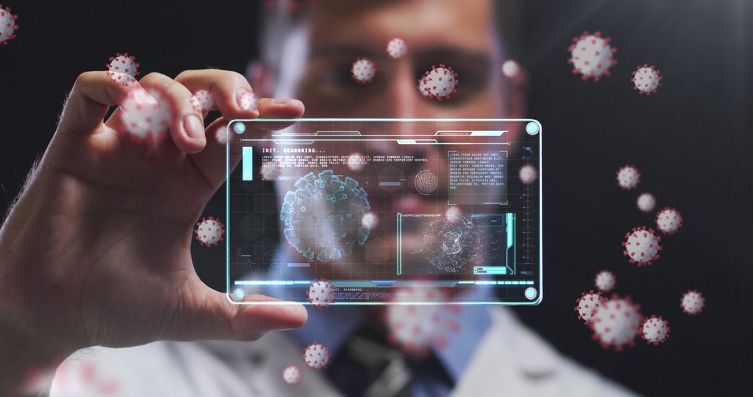 Doctor Analyzing Data on Transparent Screen with COVID-19 Cells Overlay