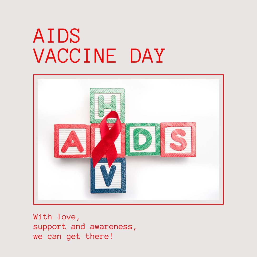 AIDS Vaccine Day Awareness Concept with Red Ribbon and Wooden Blocks