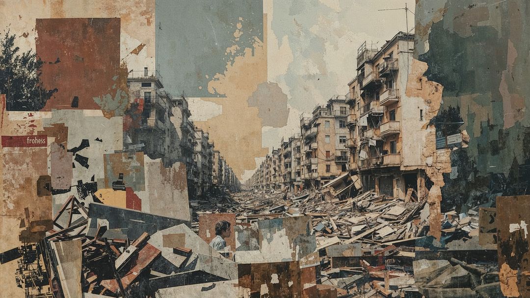 Urban Destruction Aftermath with Man Amidst Rubble and Debris