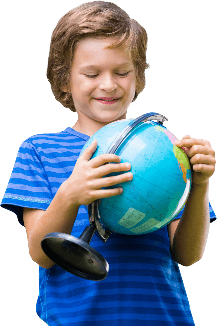 Young Boy Smiling While Holding Globe On White Background