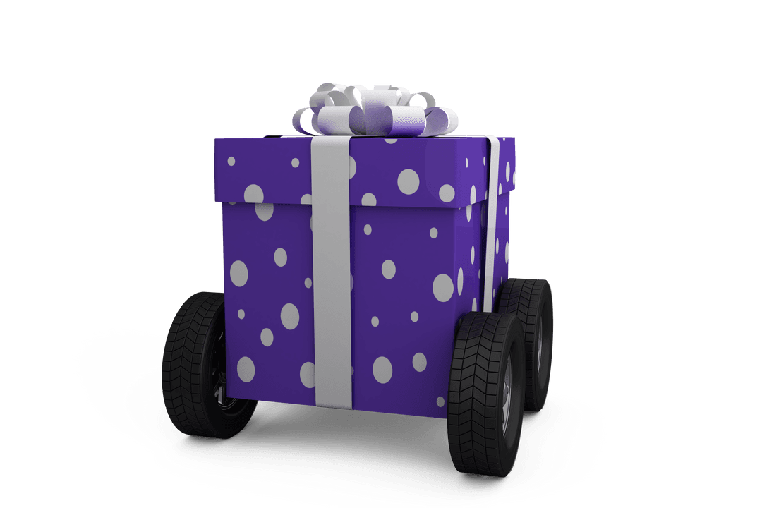Purple Gift Box With Gray Ribbon On Wheels Transparent Background