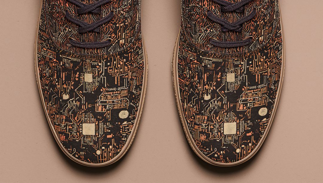 Displaying pair of low-top sneakers with circuit-board pattern on beige backdrop