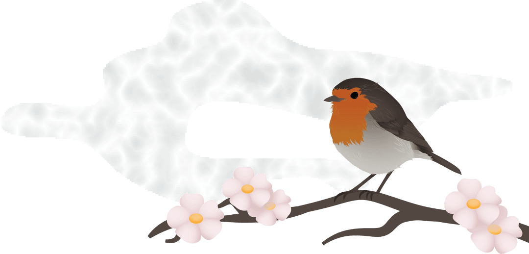 Flat Design Robin Style Bird on Branch with Blossoms, Transparent Illustration