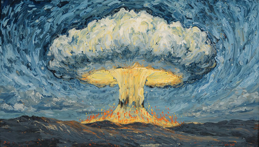 Vibrant Abstract Mushroom Cloud Over Rocky Plain