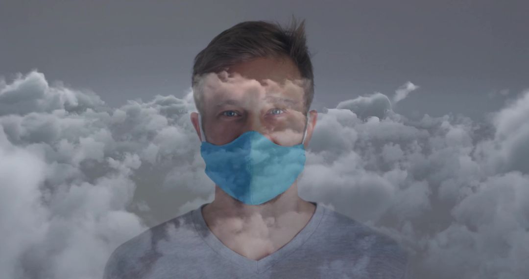 Surreal Portrait of Man in Cloth Mask Amid Clouds