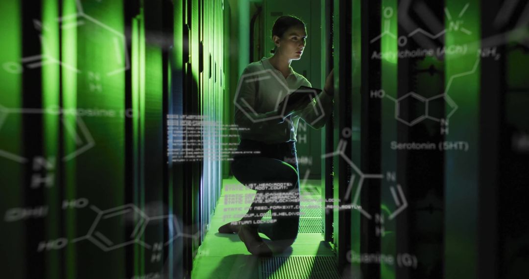 Businesswoman Analyzing Digital Data in a Server Room
