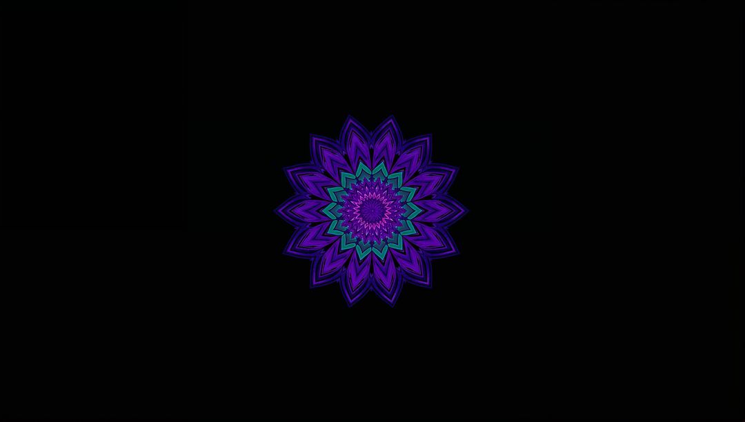 Vivid Purple and Teal Symmetrical Fractal Mandala on Black