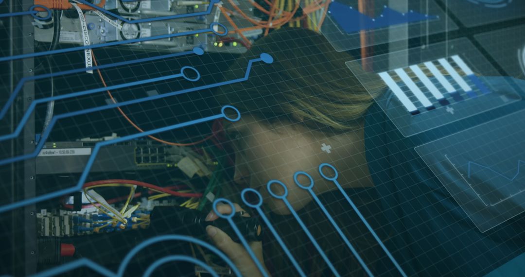 Woman Working in Server Room with Futuristic Digital Overlay