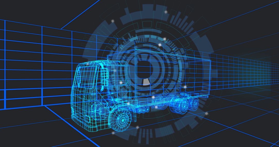 Futuristic Wireframe Truck in Virtual 3D Grid with Digital Interface